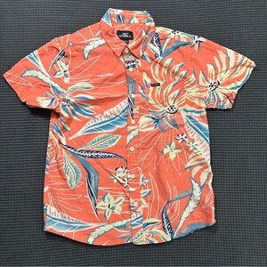 ONeill Kids Hawaiian Floral Button Shirt Coral Blue Short Sleeve Youth L Shirt